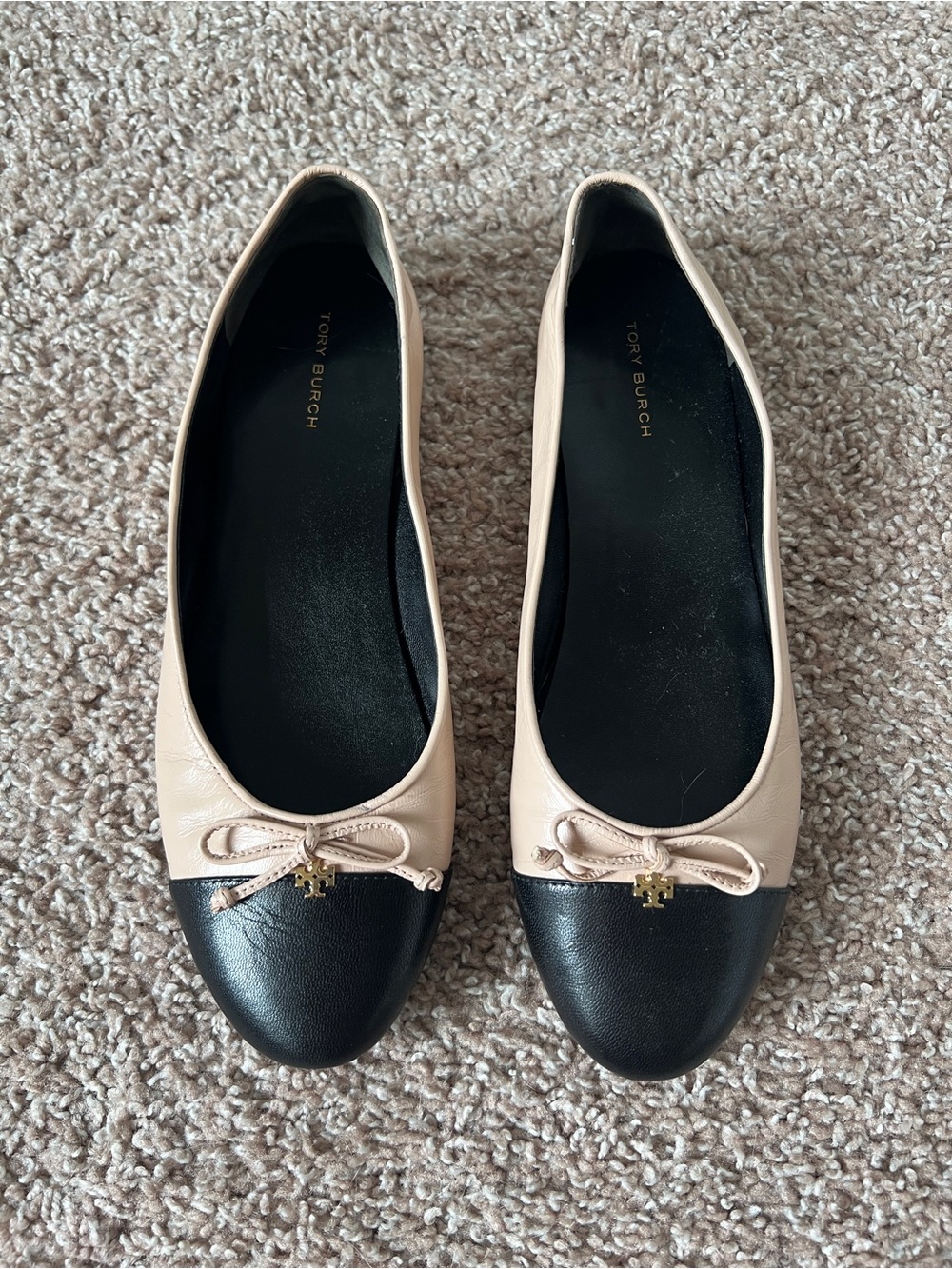 Tory Burch Two-Tone Cream and Black Cap-Toe Ballet Flats